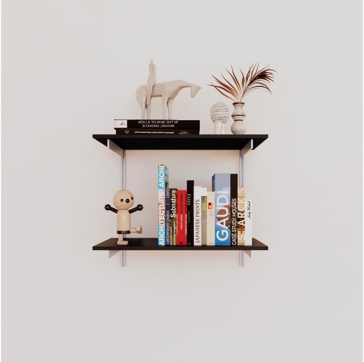 Modular shelving unit with black shelves, satin vertical posts, and one bay, shown with two open shelf levels.