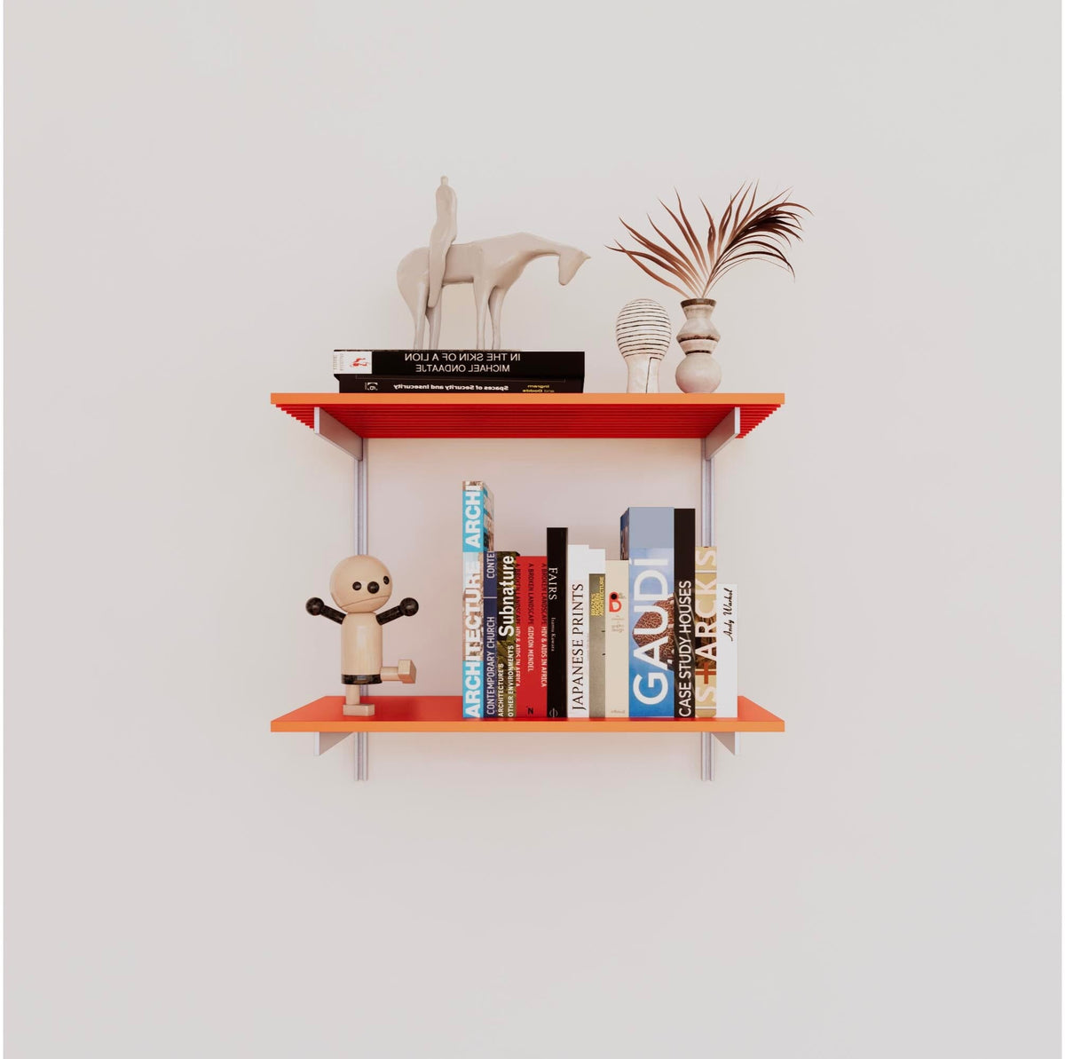 Modular shelving unit with orange shelves, satin vertical posts, and one bay, shown with two open shelf levels.