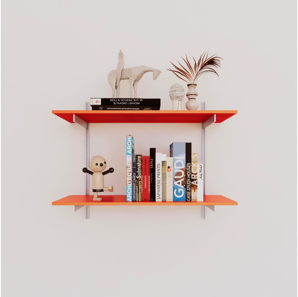 Modular shelving unit with orange shelves, satin vertical posts, and one bay, shown with two open shelf levels.