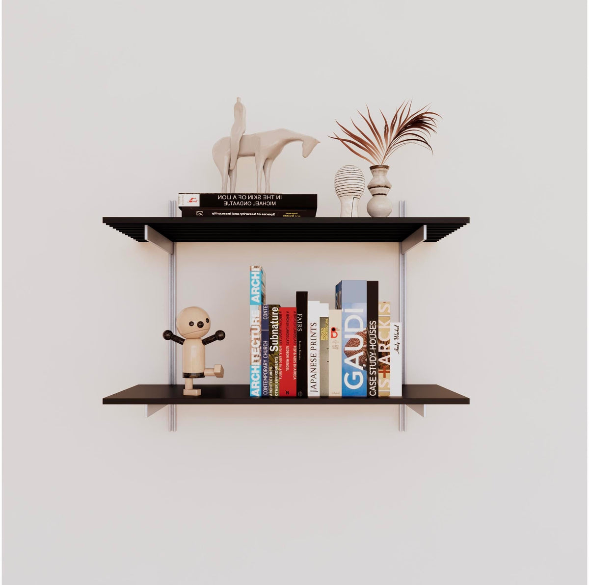 Modular shelving unit with black shelves, satin vertical posts, and one bay, shown with two open shelf levels.
