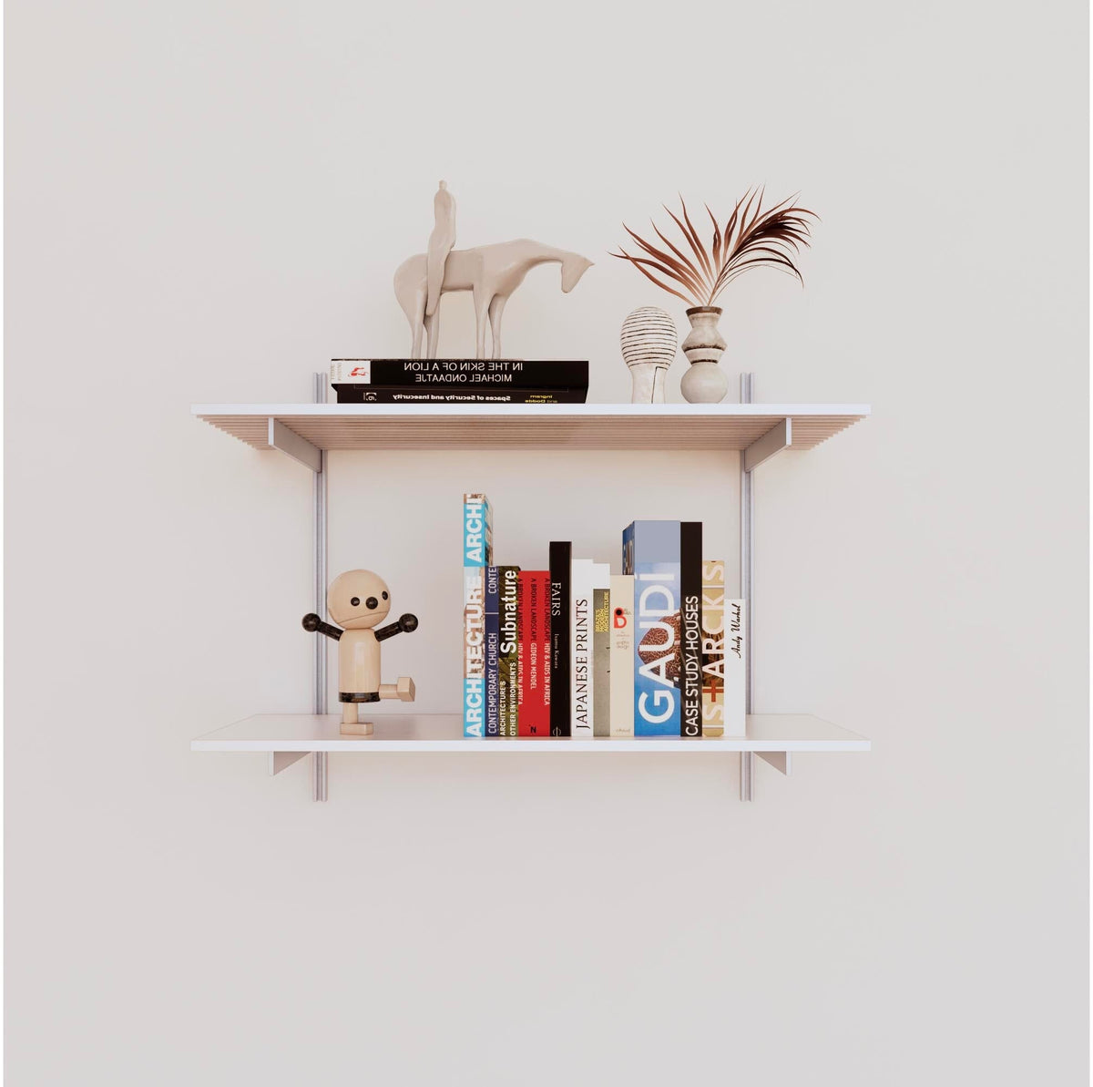 Modular shelving unit with white shelves, satin vertical posts, and one bay, shown with two open shelf levels.