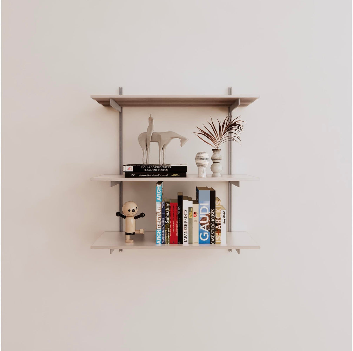 Modular shelving unit with white shelves, satin vertical posts, and one bay, shown with three open shelf levels.