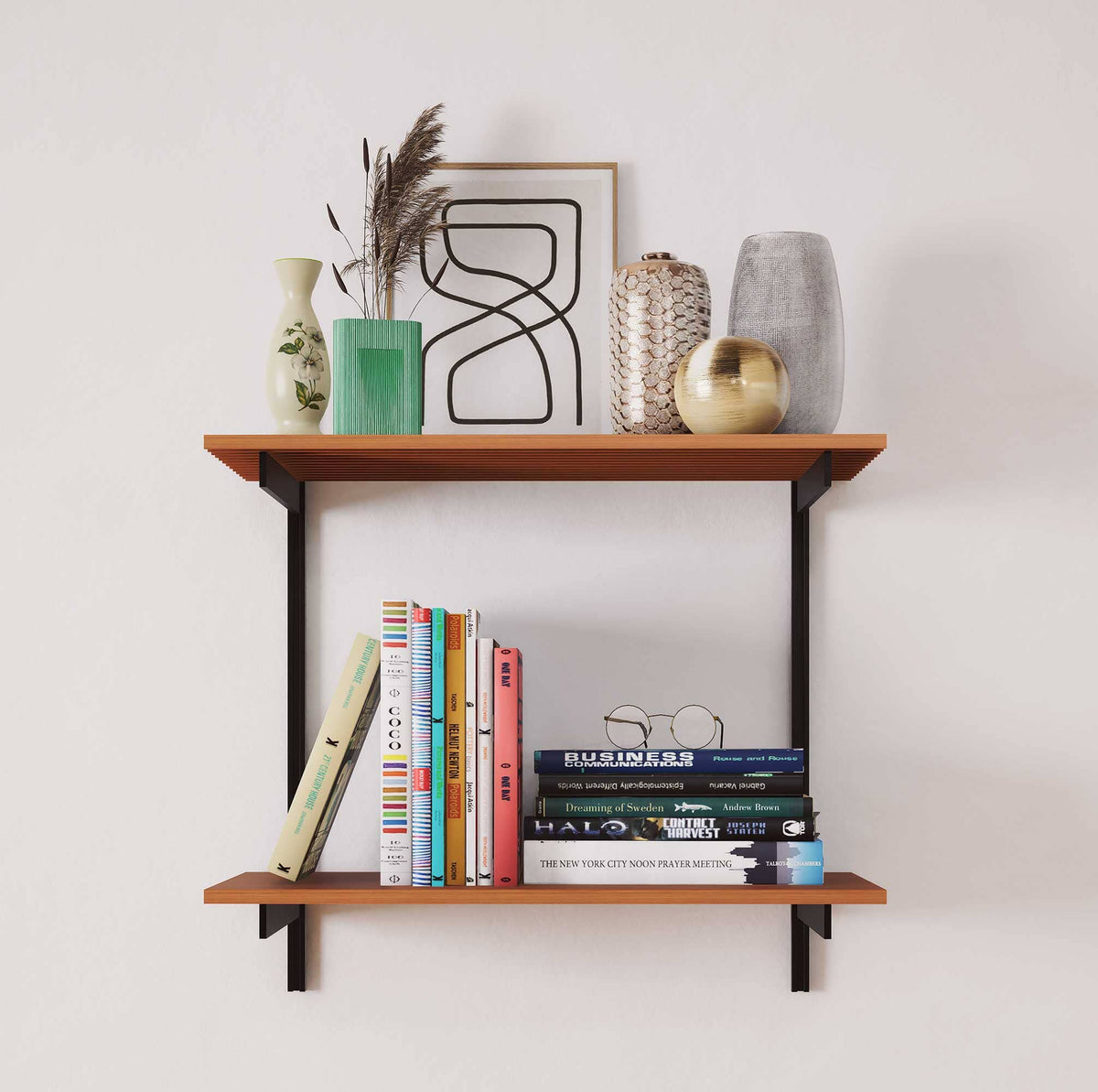 Aluminaire two-shelf modular shelving unit with wood-look aluminum shelves, black vertical posts, one bay, 24-inch width, and two open shelf levels.