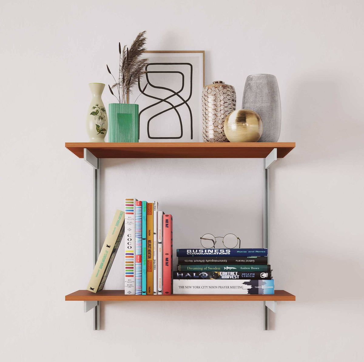 Aluminaire two-shelf modular shelving unit with wood-look aluminum shelves, satin vertical posts, one bay, 24-inch width, and two open shelf levels.