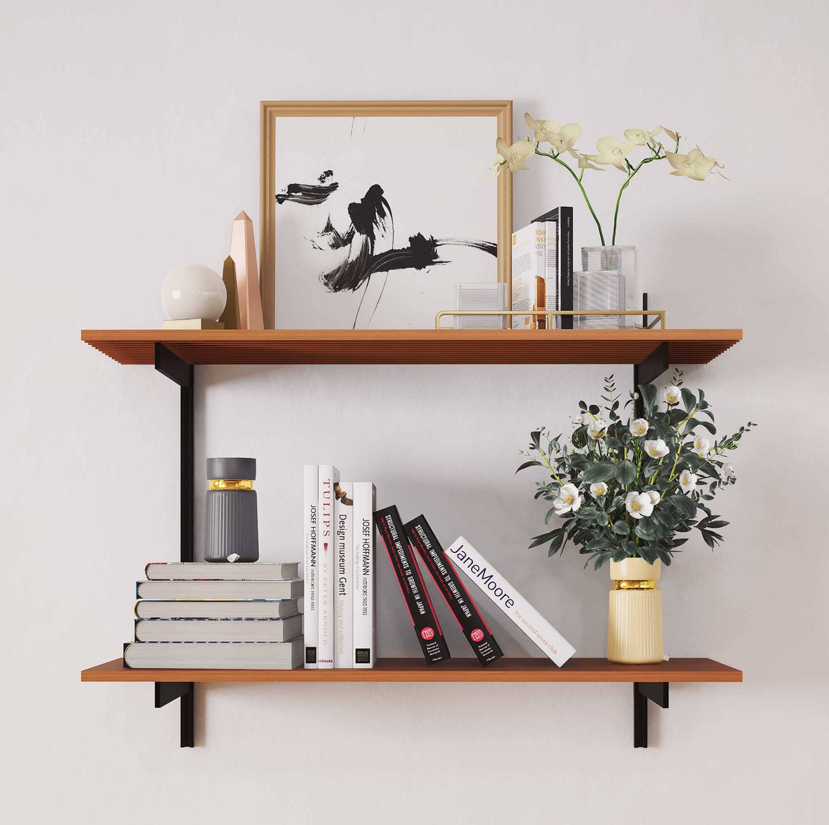 Aluminaire two-shelf modular shelving unit with wood-look aluminum shelves, black vertical posts, one bay, 31-inch width, and two open shelf levels.