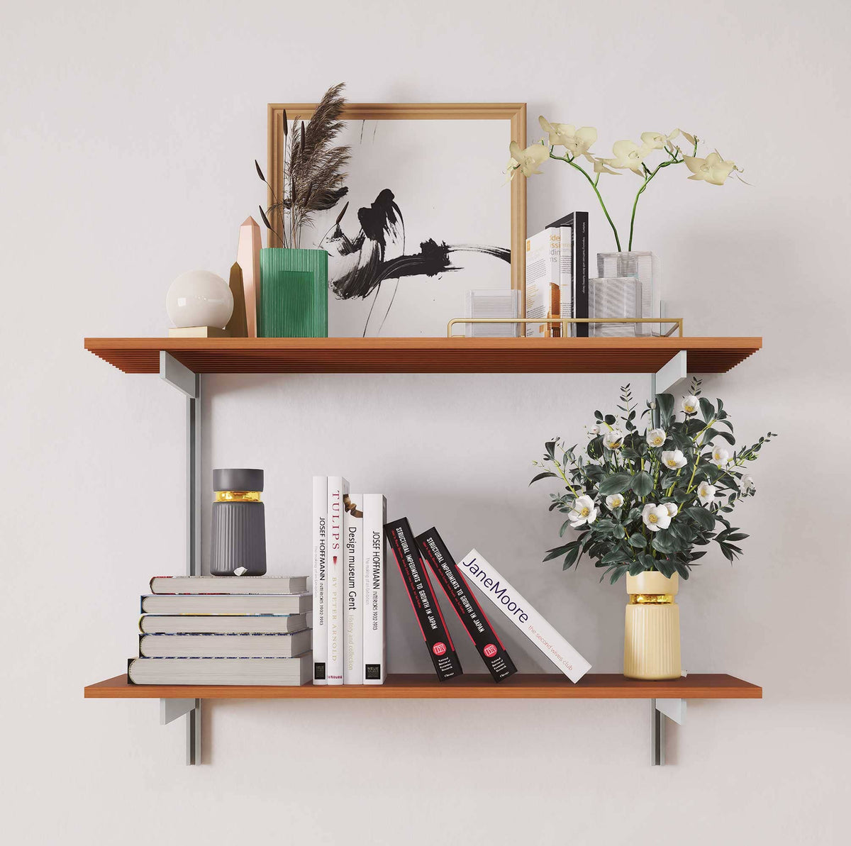 Aluminaire two-shelf modular shelving unit with wood-look aluminum shelves, satin vertical posts, one bay, 31-inch width, and two open shelf levels.