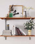 Aluminaire two-shelf modular shelving unit with wood-look aluminum shelves, satin vertical posts, one bay, 31-inch width, and two open shelf levels.