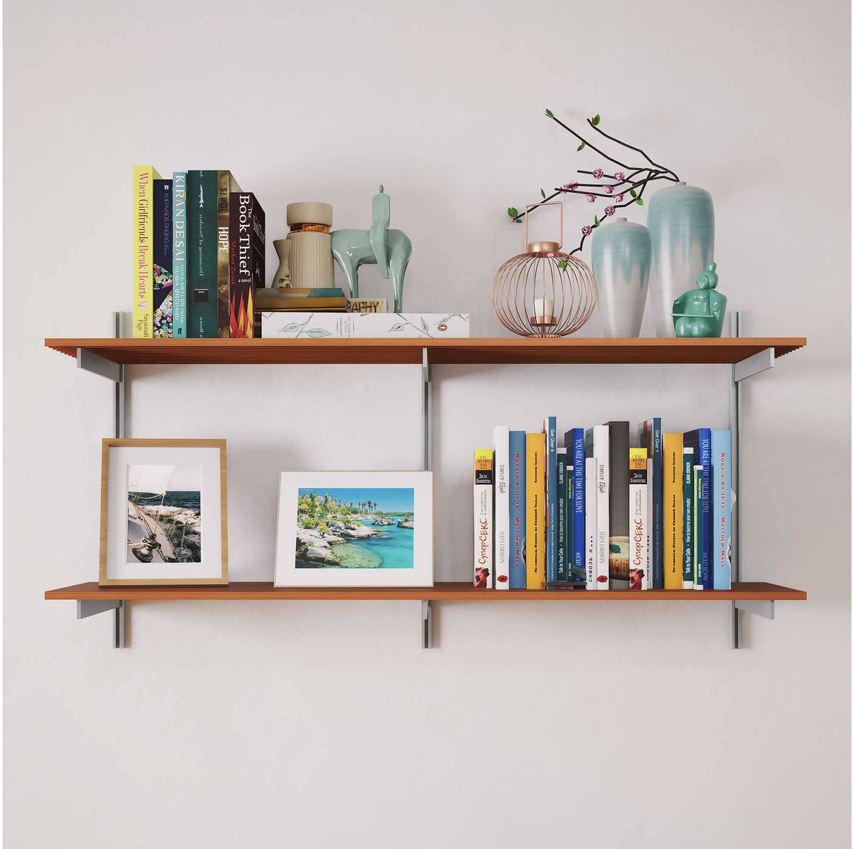 Aluminaire two-shelf modular shelving unit with wood-look aluminum shelves, satin vertical posts, one bay, 48-inch width, and two open shelf levels.
