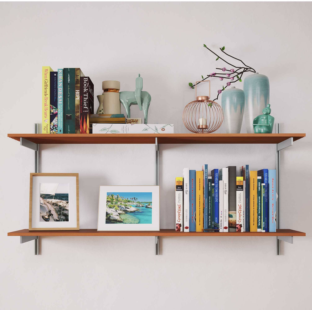Aluminaire two-shelf modular shelving unit with wood-look aluminum shelves, satin vertical posts, one bay, 48-inch width, and two open shelf levels.