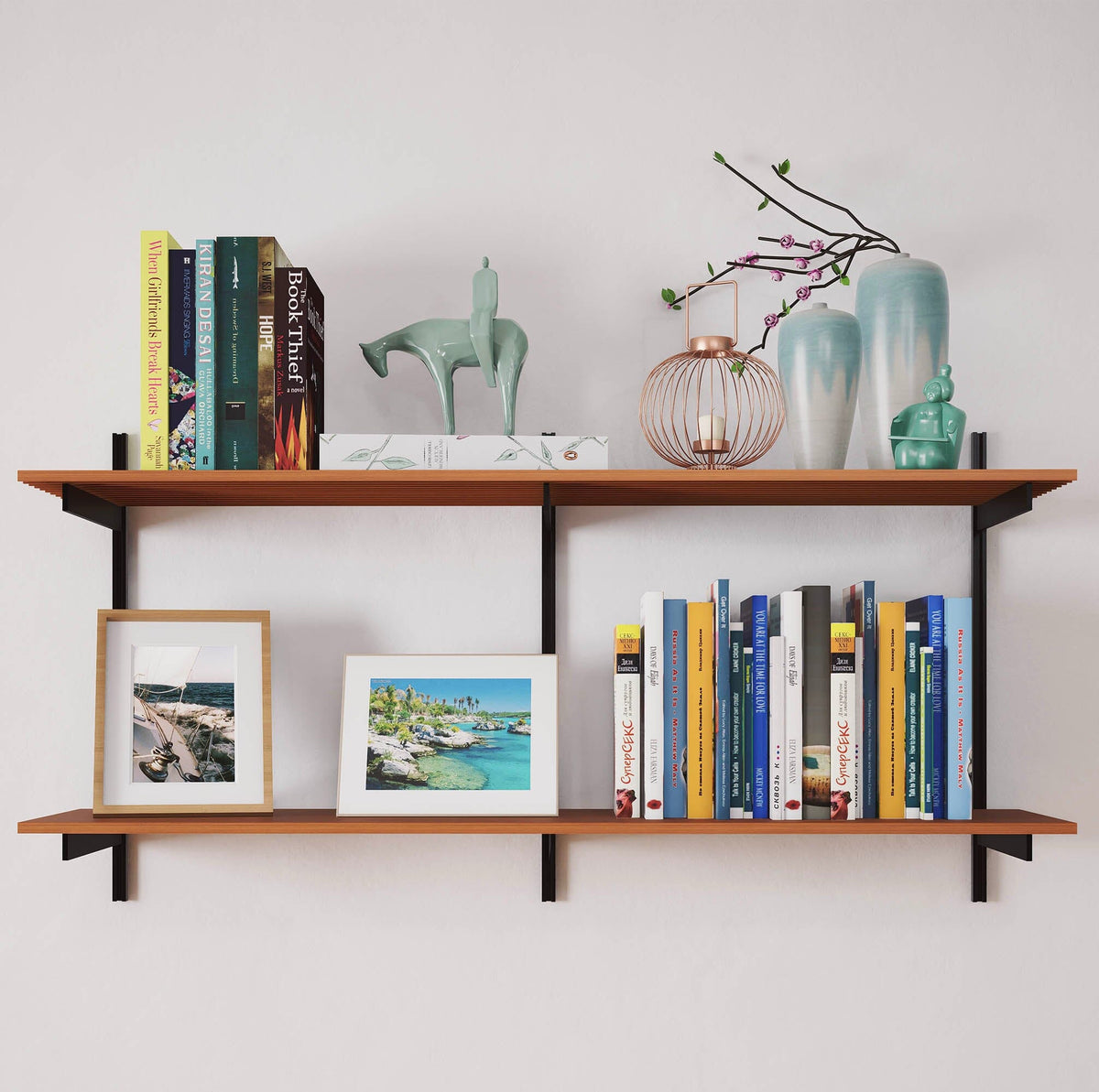 Aluminaire two-shelf modular shelving unit with wood-look aluminum shelves, black vertical posts, one bay, 48-inch width, and two open shelf levels.