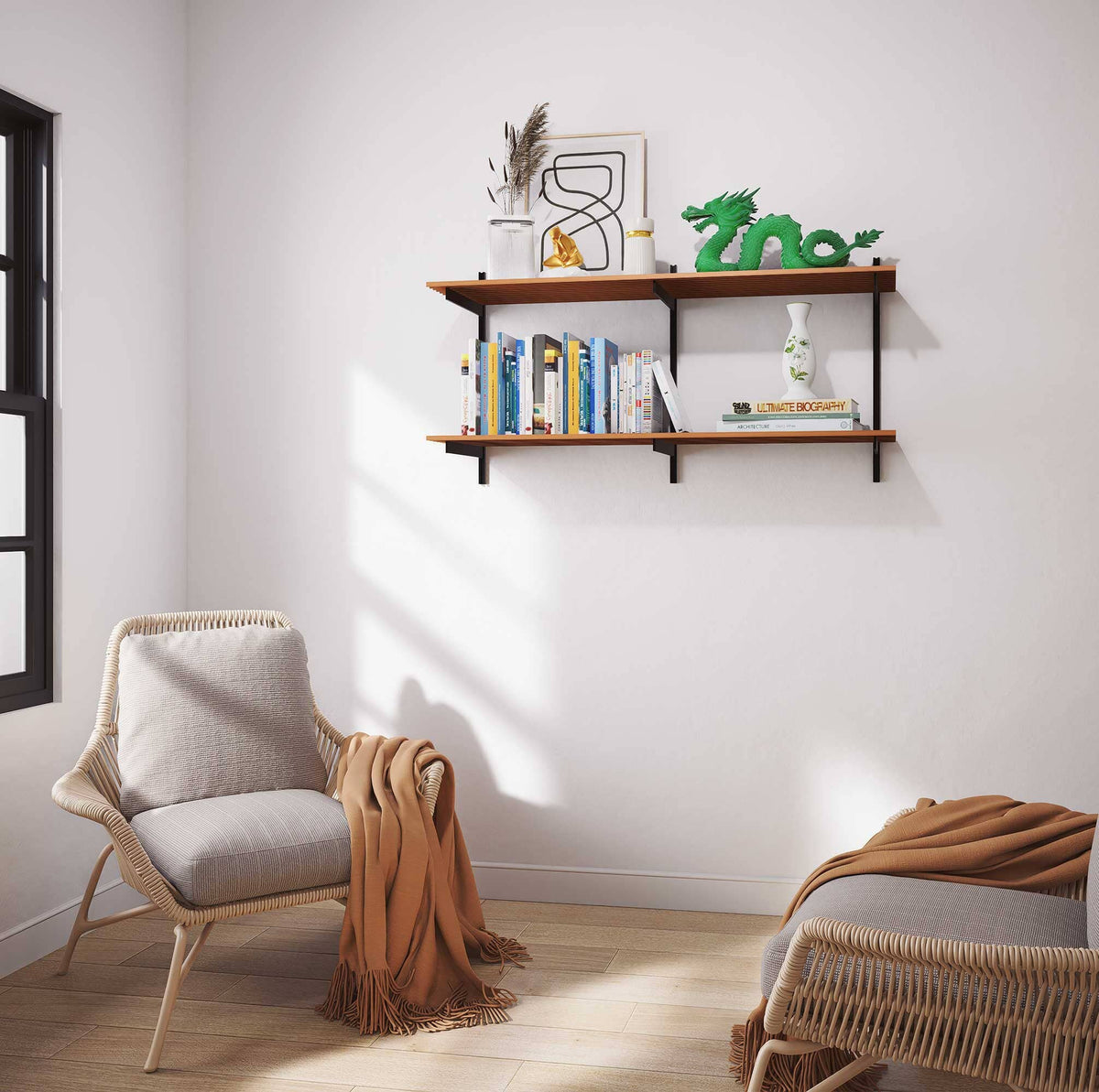 Aluminaire two-shelf modular shelving unit with wood-look aluminum shelves, black vertical posts, one bay, 24-inch width, and two open shelf levels styled in a room setting.