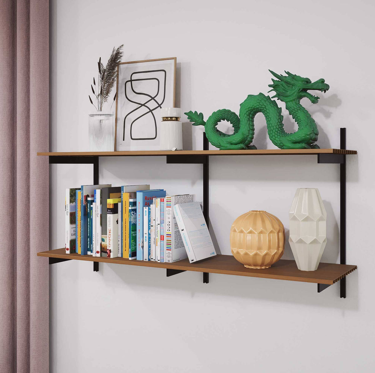Aluminaire two-shelf modular shelving unit with wood-look aluminum shelves, satin vertical posts, one bay, 48-inch width, and two open shelf levels styled in a room setting.