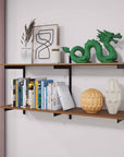 Aluminaire two-shelf modular shelving unit with wood-look aluminum shelves, satin vertical posts, one bay, 48-inch width, and two open shelf levels styled in a room setting.