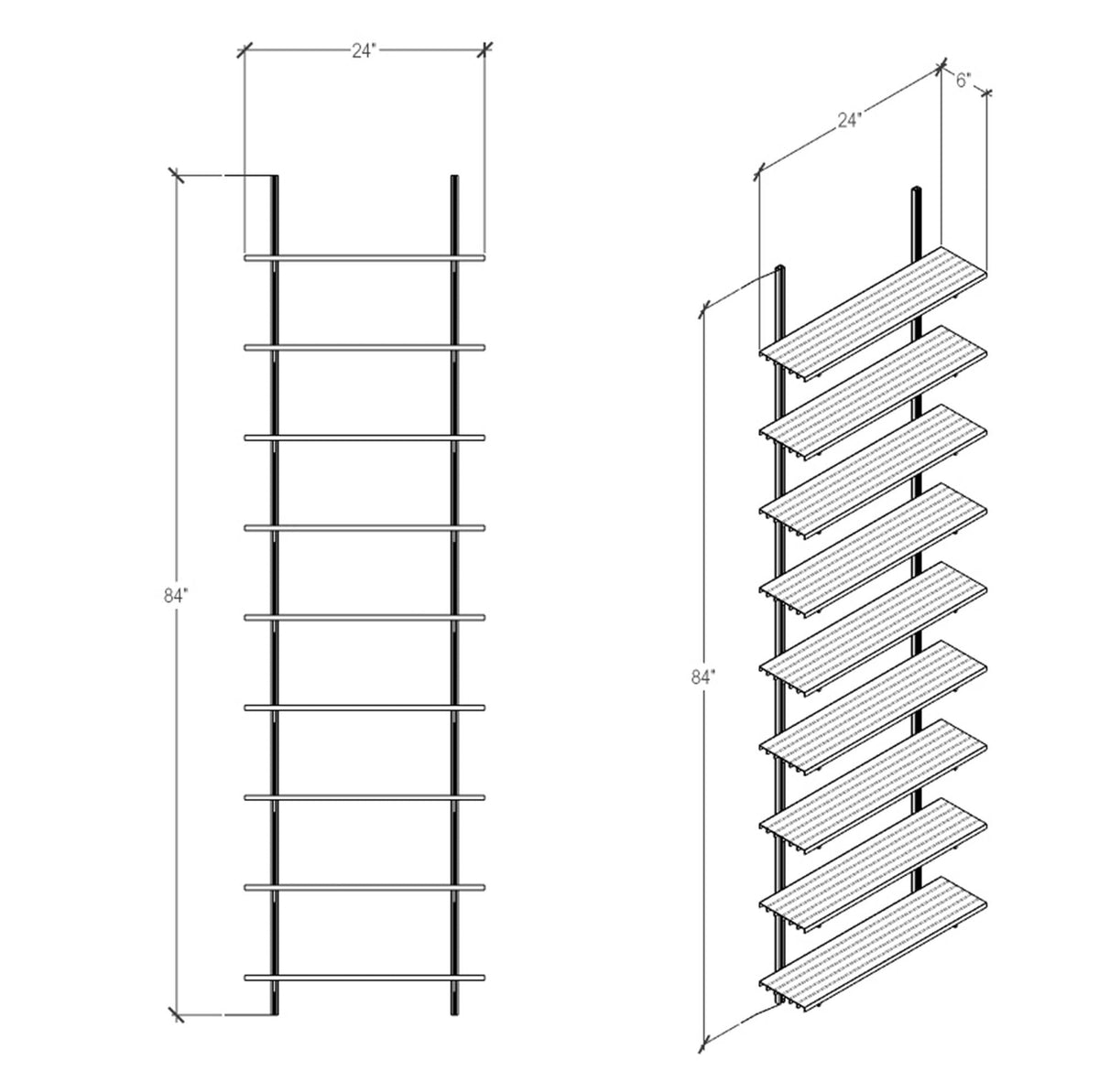 Technical drawing of a modular media shelving unit, showing dimensions, bay layout, and eight open shelf levels.