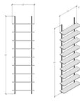 Technical drawing of a modular media shelving unit, showing dimensions, bay layout, and eight open shelf levels.