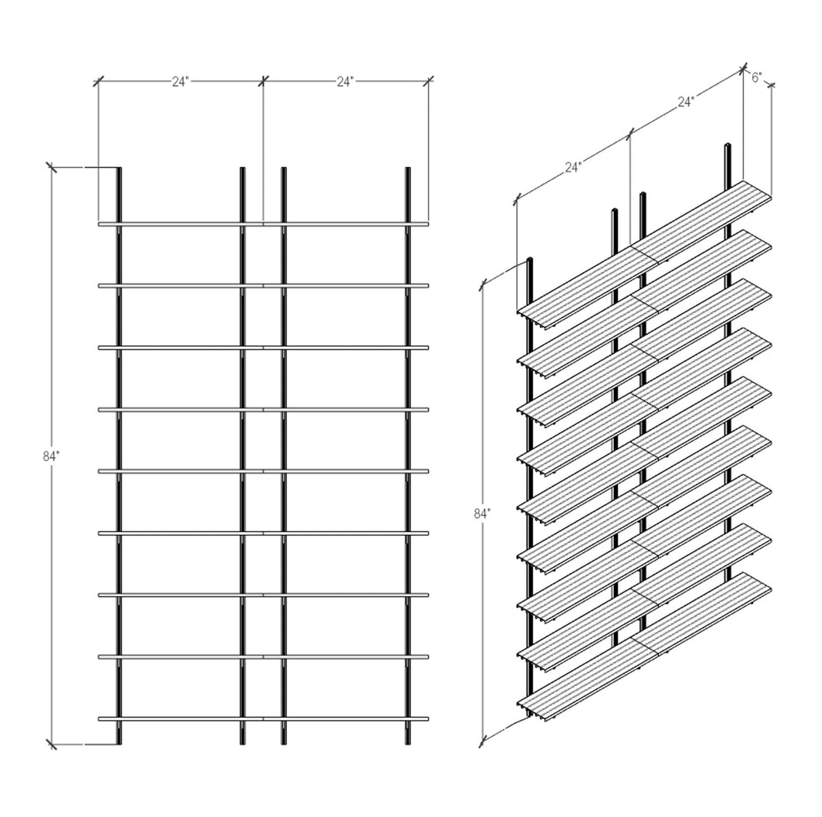Technical drawing of a modular media shelving unit, showing dimensions, bay layout, and eight open shelf levels.
