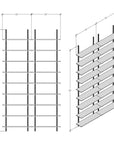 Technical drawing of a modular media shelving unit, showing dimensions, bay layout, and eight open shelf levels.