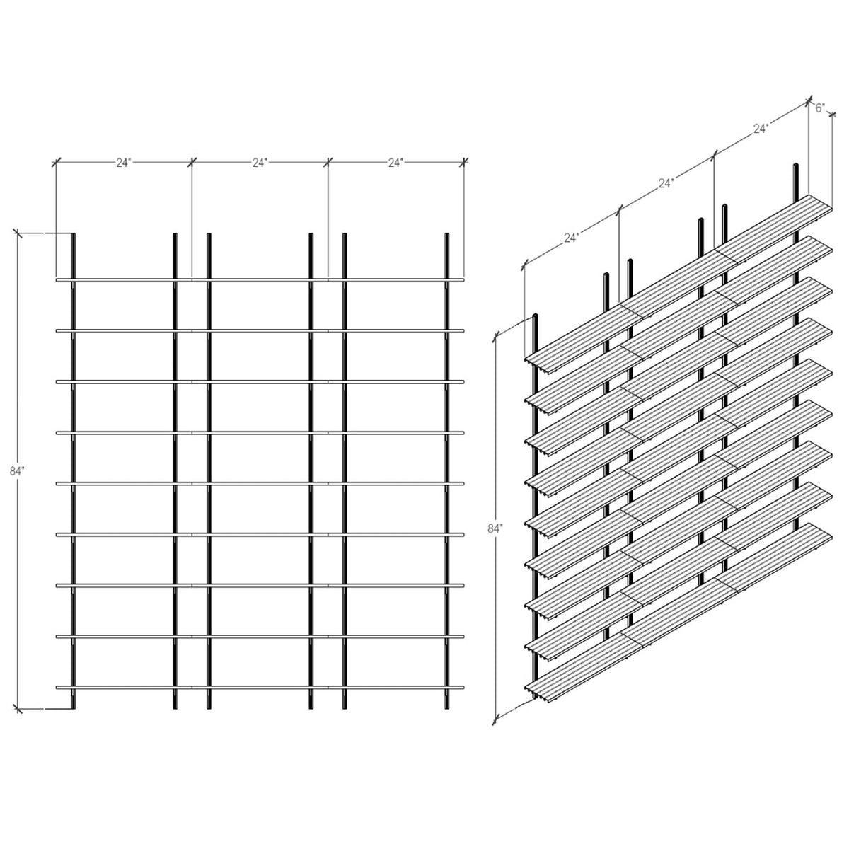 Technical drawing of a modular media shelving unit, showing dimensions, bay layout, and eight open shelf levels.