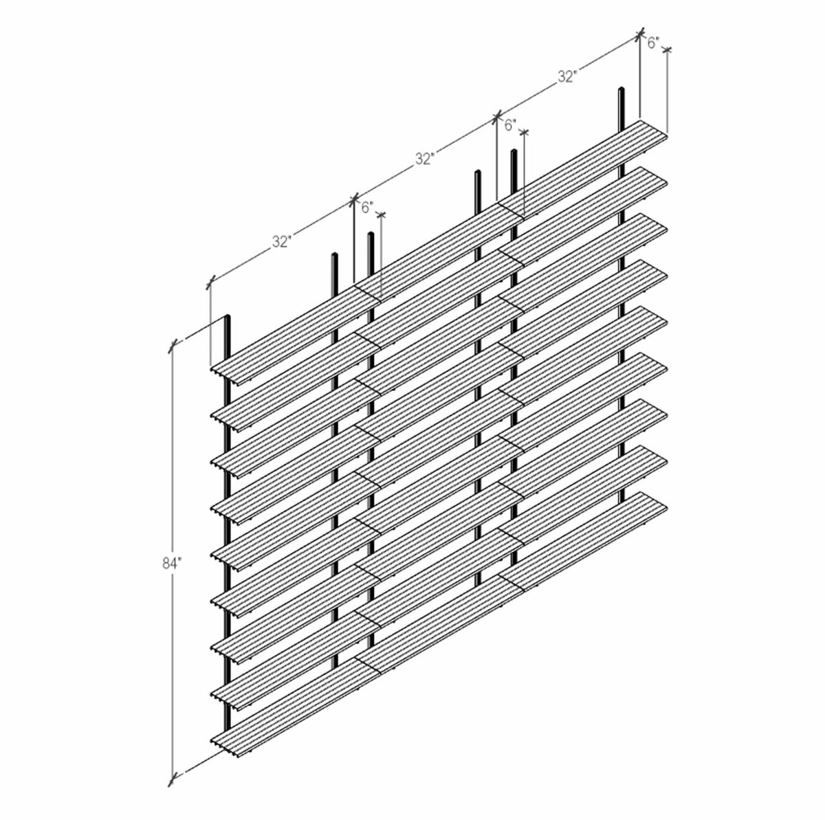 Technical drawing of a modular media shelving unit, showing dimensions, bay layout, and eight open shelf levels.