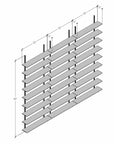Technical drawing of a modular media shelving unit, showing dimensions, bay layout, and eight open shelf levels.