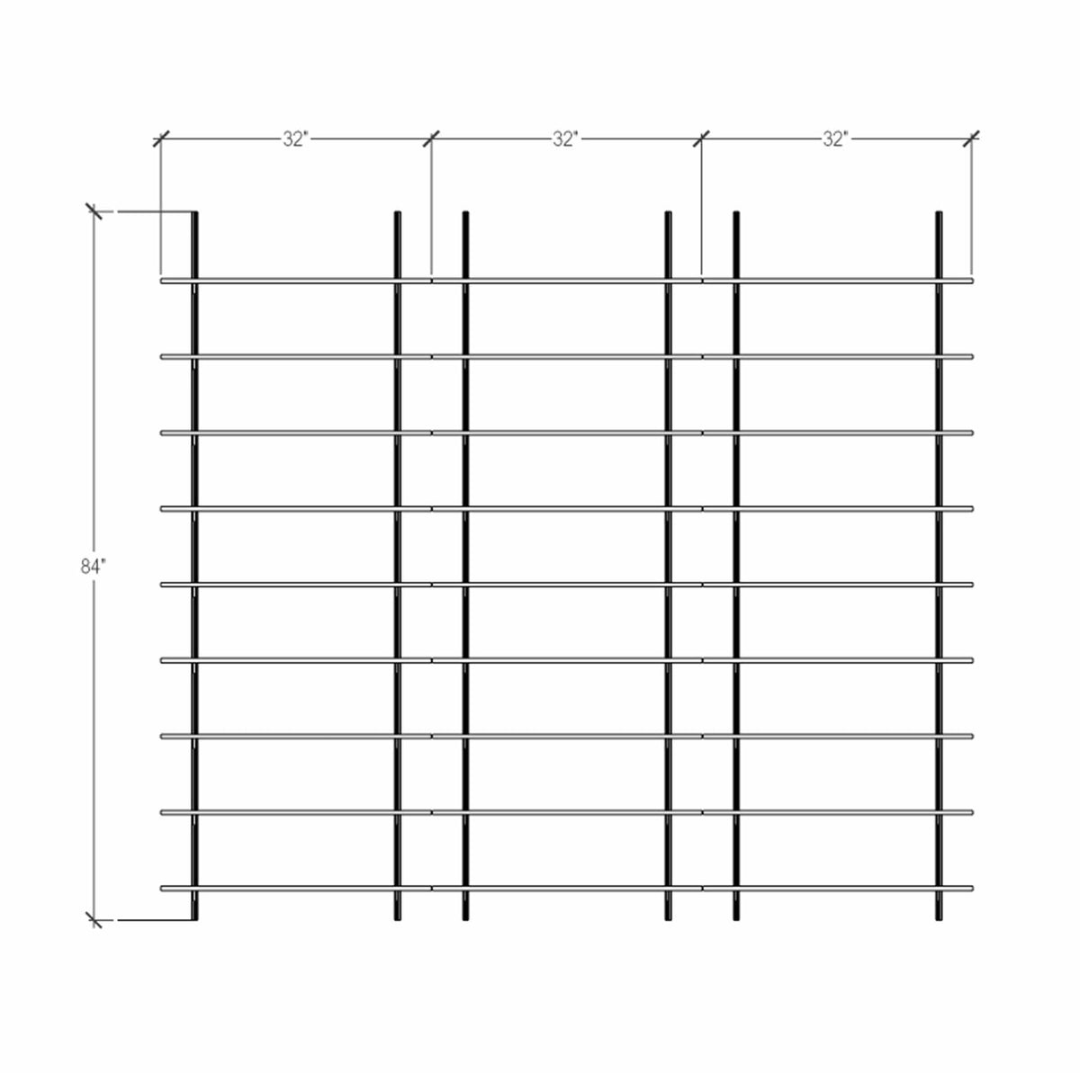 Technical drawing of a modular media shelving unit, showing dimensions, bay layout, and eight open shelf levels.