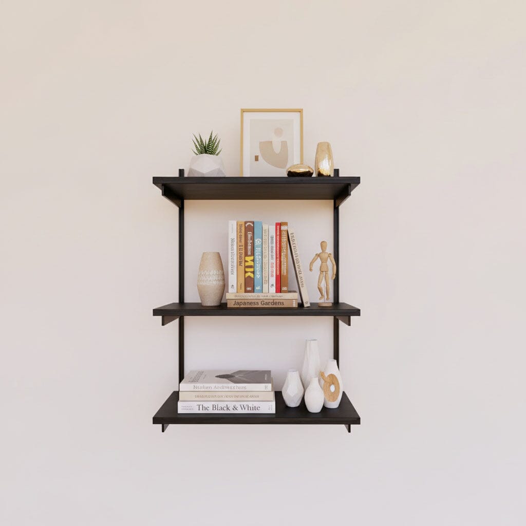 Modular shelving unit with black shelves, black vertical posts, and one bay, shown with three open shelf levels.