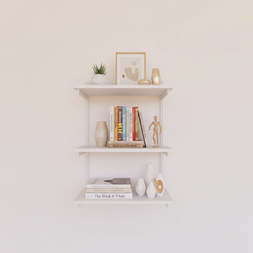 Modular shelving unit with white shelves, white vertical posts, and one bay, shown with three open shelf levels.
