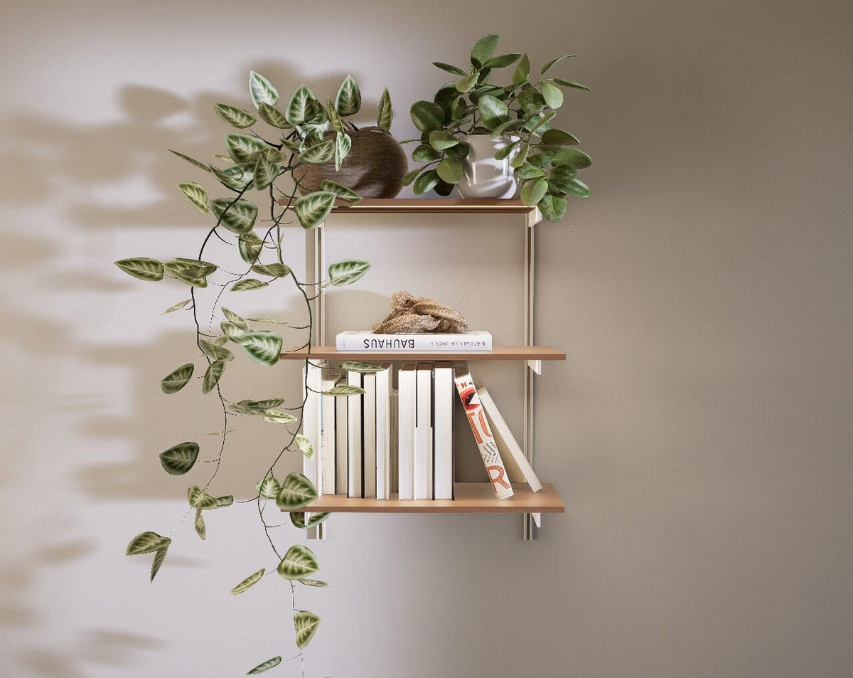 Aluminaire three-shelf modular shelving unit with wood-look aluminum shelves, white vertical posts, one bay, 24-inch width, and three open shelf levels.