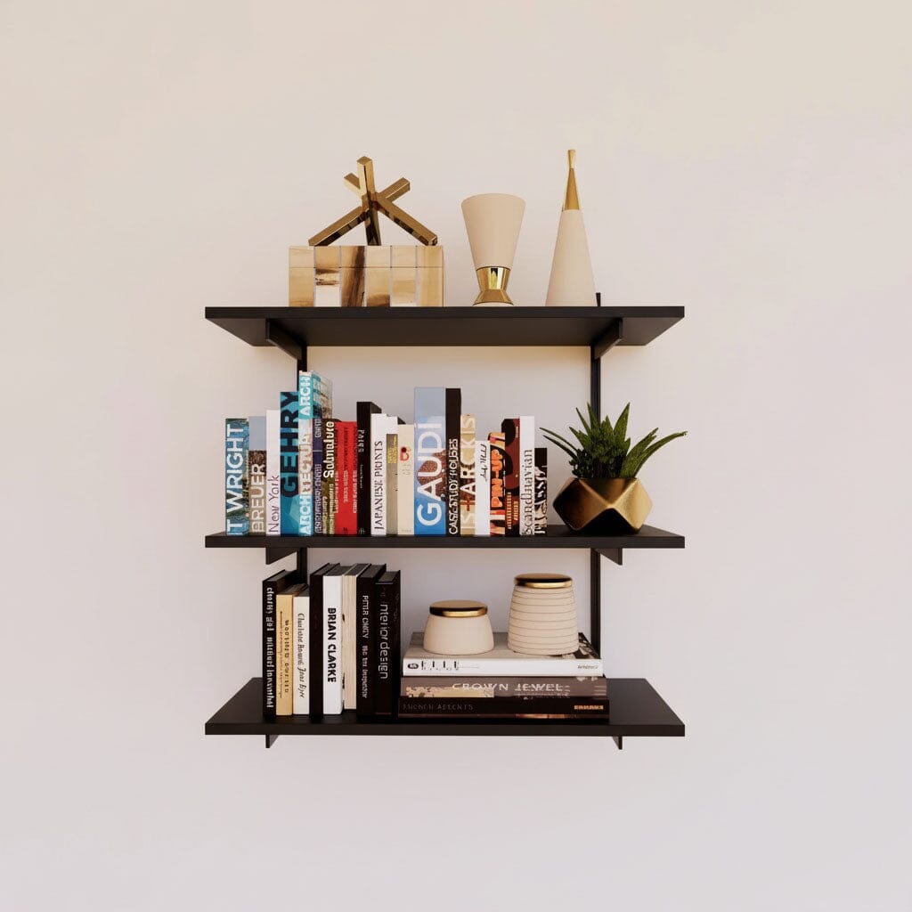 Modular shelving unit with black shelves, black vertical posts, and one bay, shown with three open shelf levels.