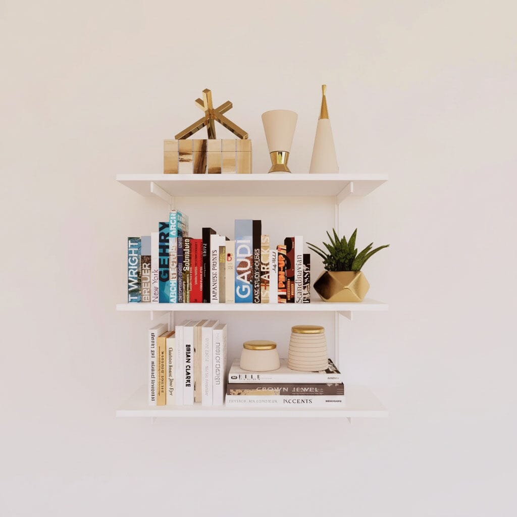 Modular shelving unit with white shelves, white vertical posts, and one bay, shown with three open shelf levels.