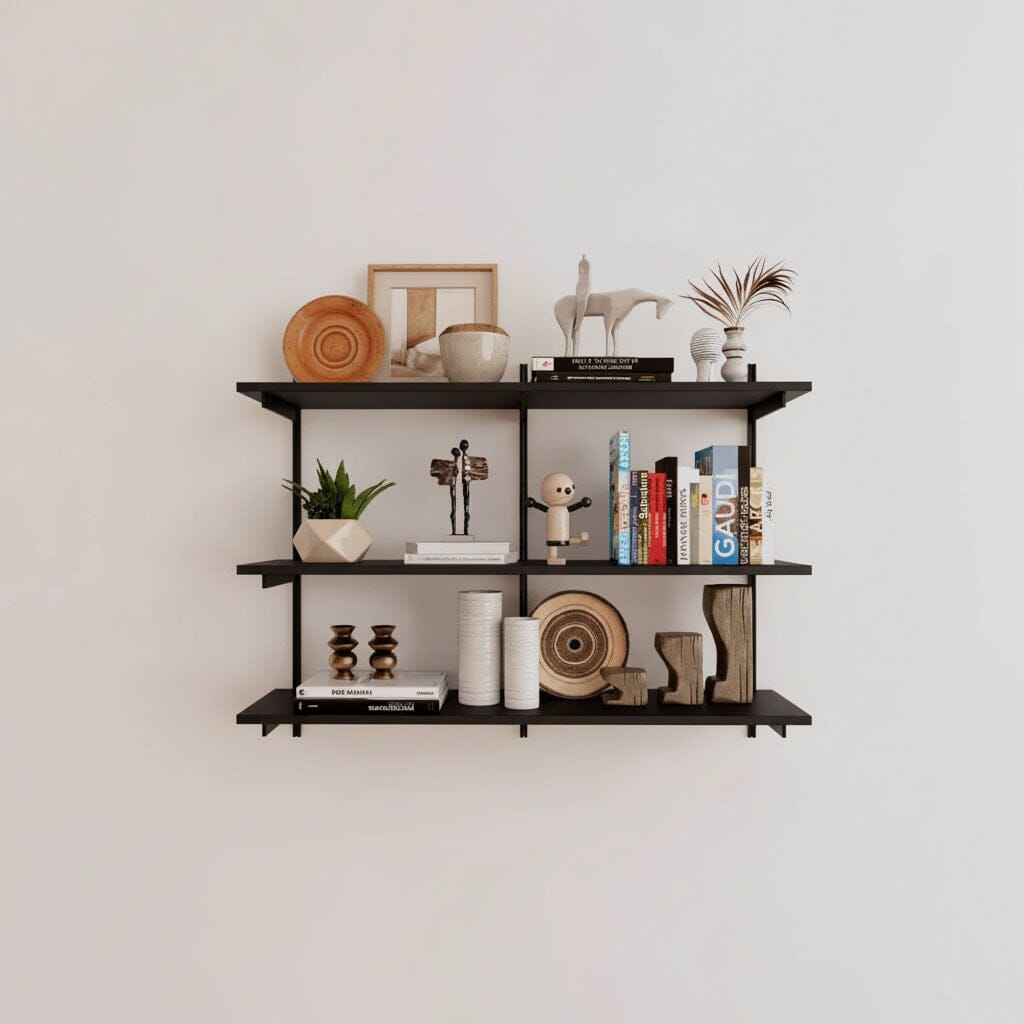 Modular shelving unit with black shelves, black vertical posts, and one bay, shown with three open shelf levels.