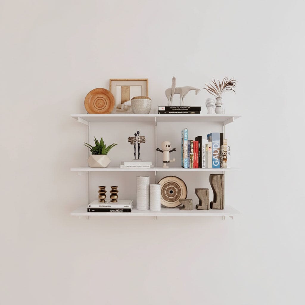 Modular shelving unit with white shelves, white vertical posts, and one bay, shown with three open shelf levels.