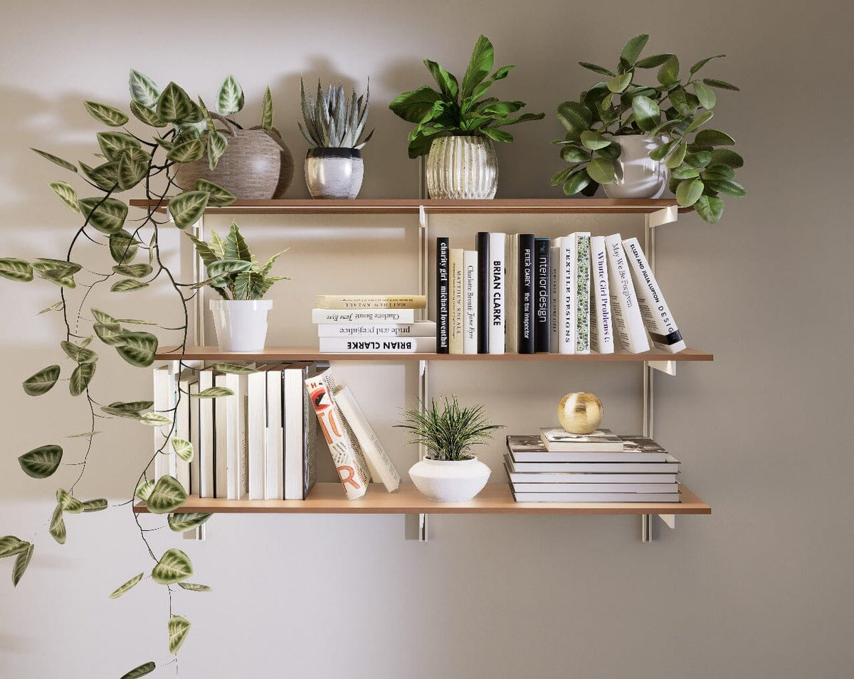 Aluminaire three-shelf modular shelving unit with wood-look aluminum shelves, white vertical posts, one bay, 48-inch width, and three open shelf levels.