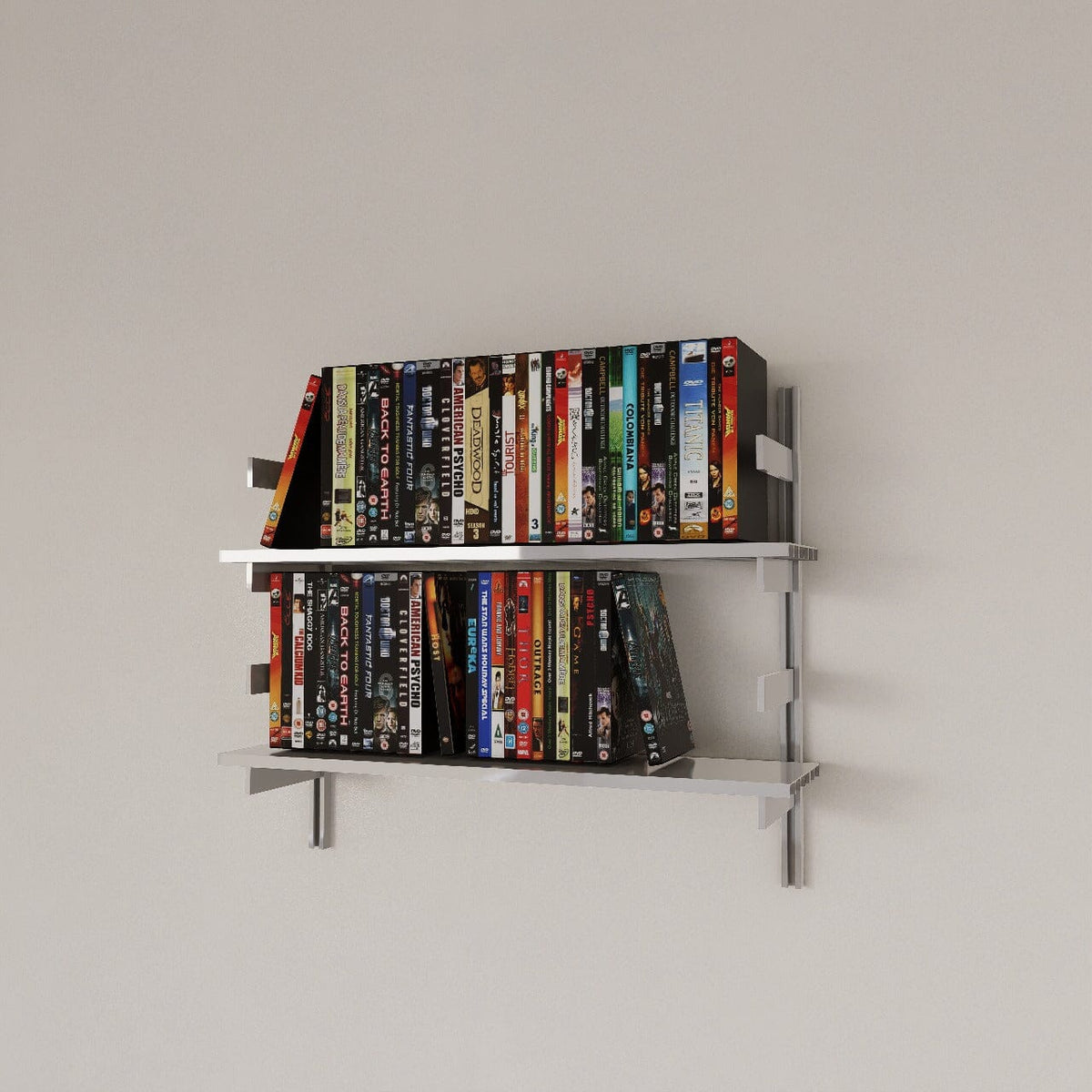 Modular media shelving unit with satin shelves and satin vertical posts, one bay, shown with eight open shelf levels.