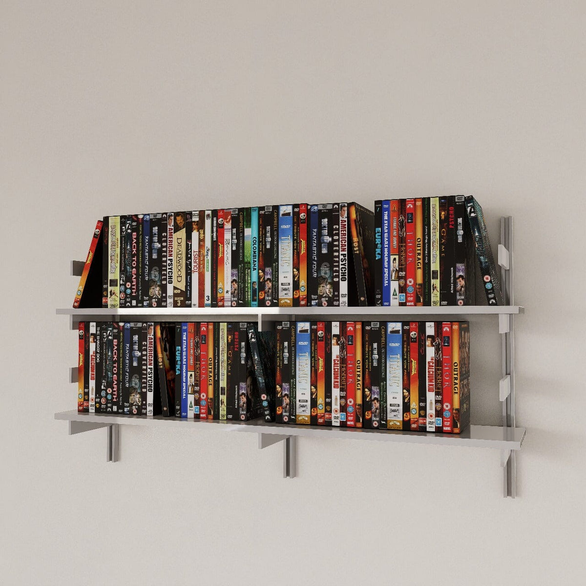 Modular media shelving unit with satin shelves and satin vertical posts, one bay, shown with eight open shelf levels.