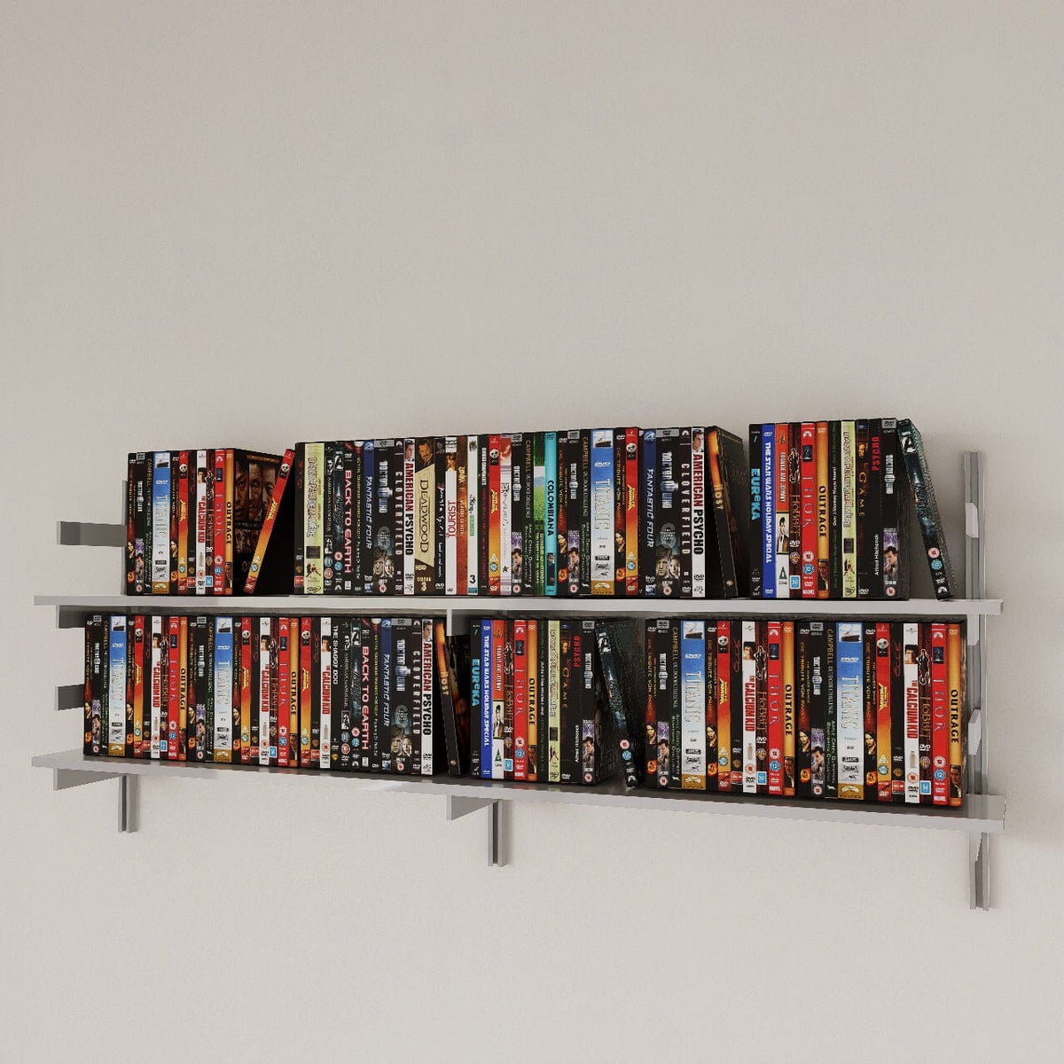 Modular media shelving unit with satin shelves and satin vertical posts, one bay, shown with eight open shelf levels.