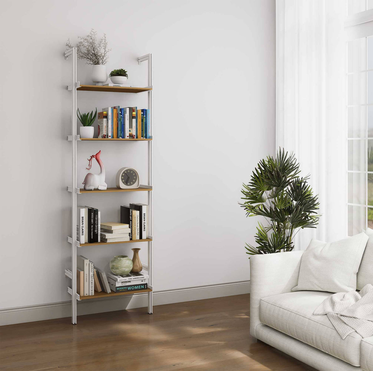 Aluminaire wood inspired modular shelving unit with wood-look aluminum shelves and white vertical posts, one bay, 24-inch shelf width, shown with open shelf levels.