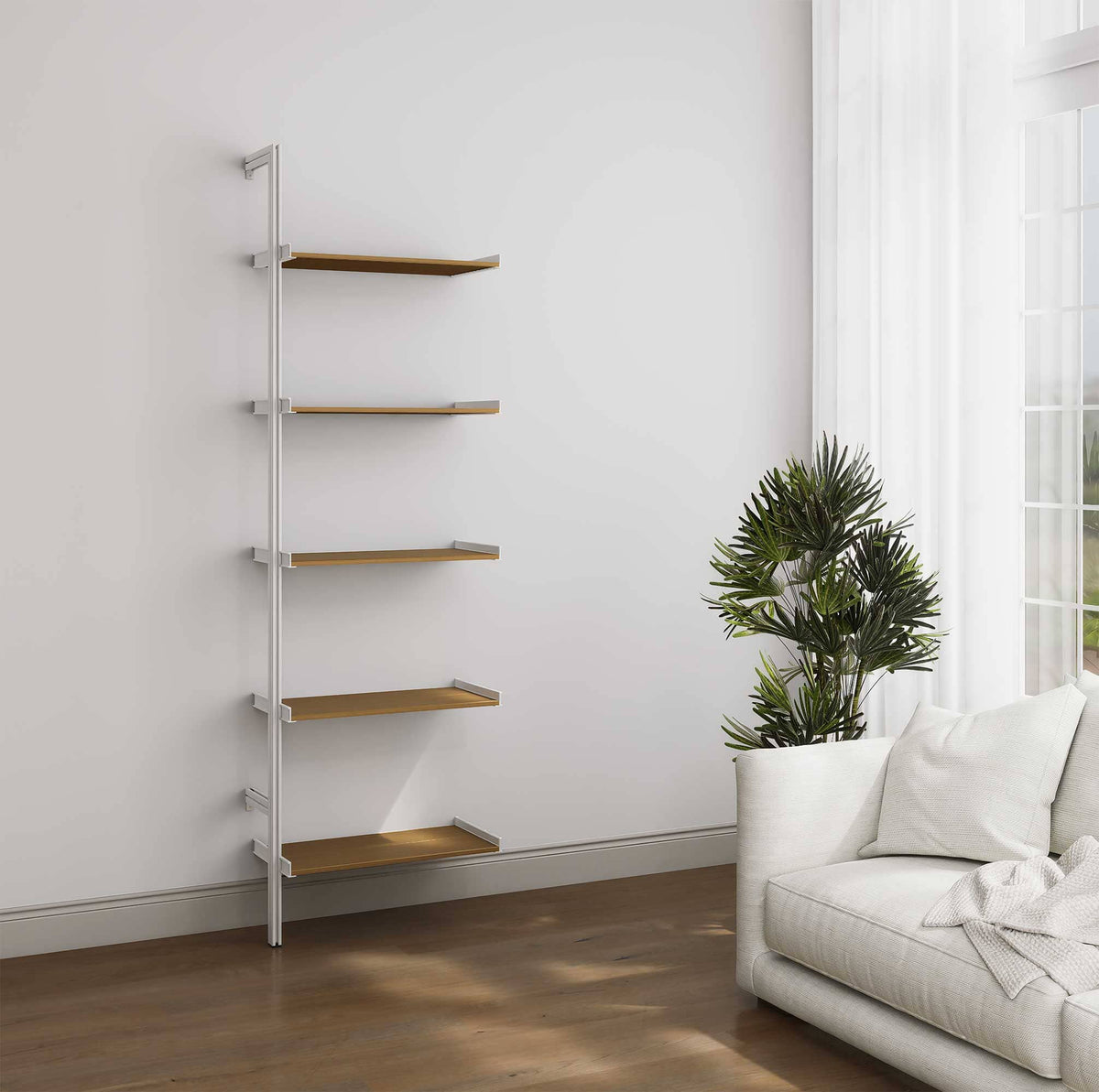 Aluminaire wood inspired modular shelving extension with wood-look aluminum shelves and white vertical post, one bay, 24-inch shelf width, shown with open shelf levels.
