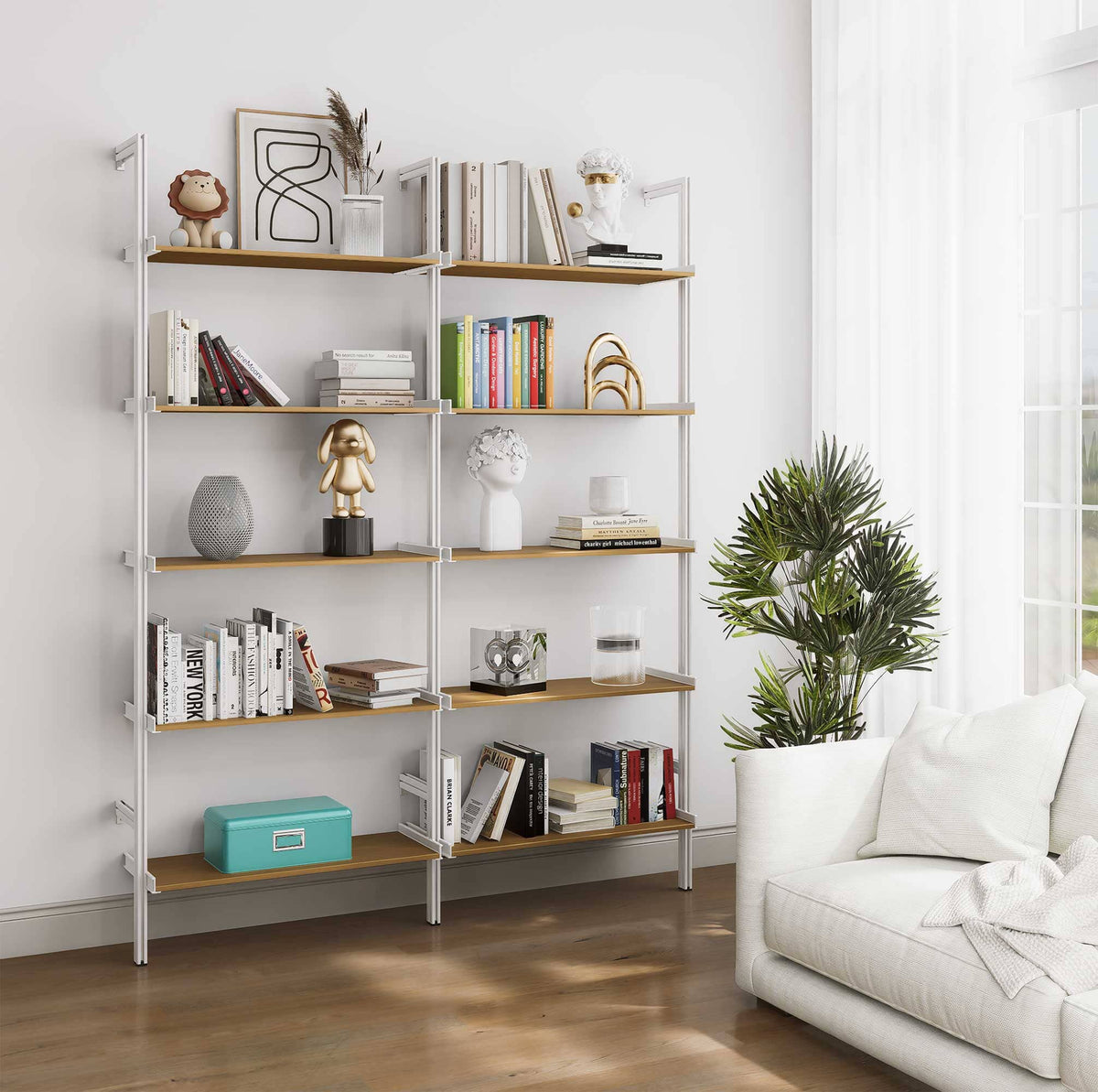 Aluminaire wood inspired modular shelving unit with wood-look aluminum shelves and white vertical posts, two bays, 31-inch shelf width, shown with open shelf levels.