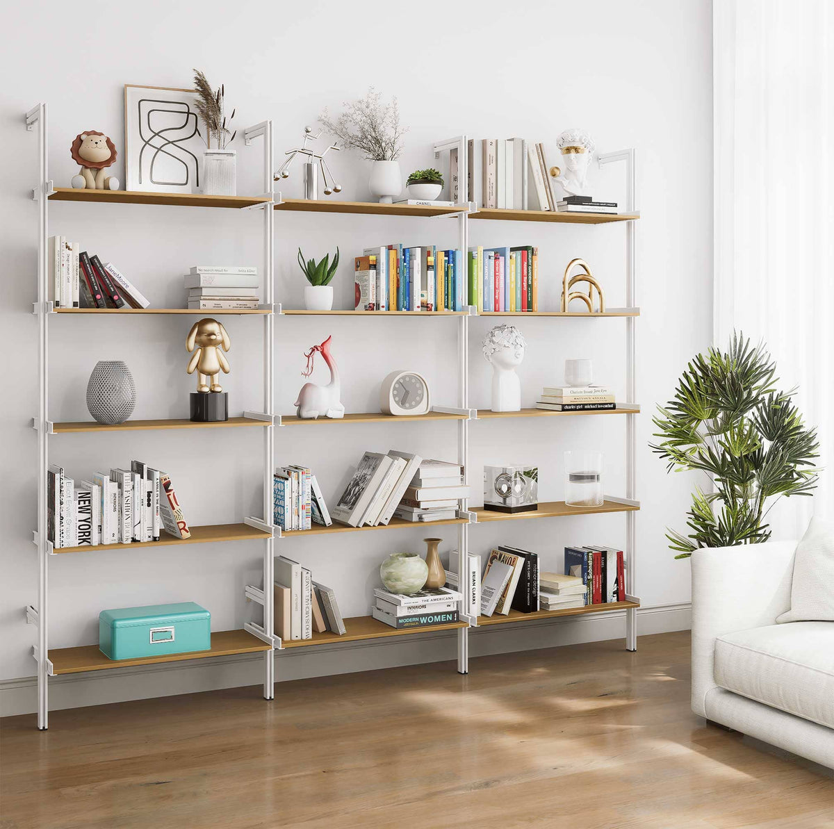 Aluminaire wood inspired modular shelving unit with wood-look aluminum shelves and white vertical posts, three bays, 31-inch shelf width, shown with open shelf levels.