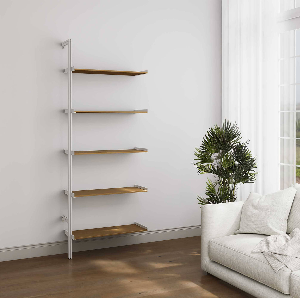 Aluminaire wood inspired modular shelving extension with wood-look aluminum shelves and white vertical post, one bay, 31-inch shelf width, shown with open shelf levels.