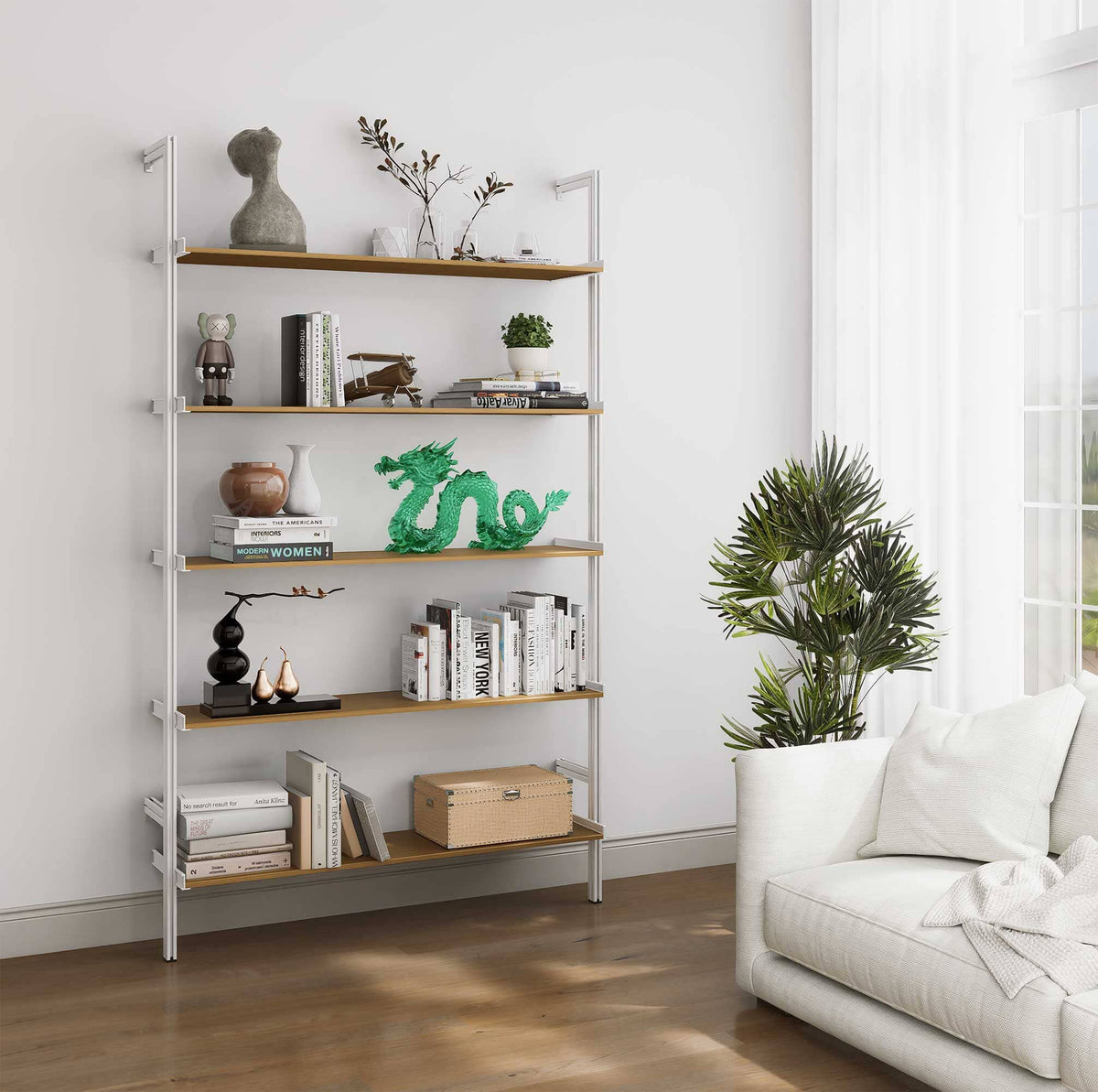Aluminaire wood inspired modular shelving unit with wood-look aluminum shelves and white vertical posts, one bay, 48-inch shelf width, shown with open shelf levels.