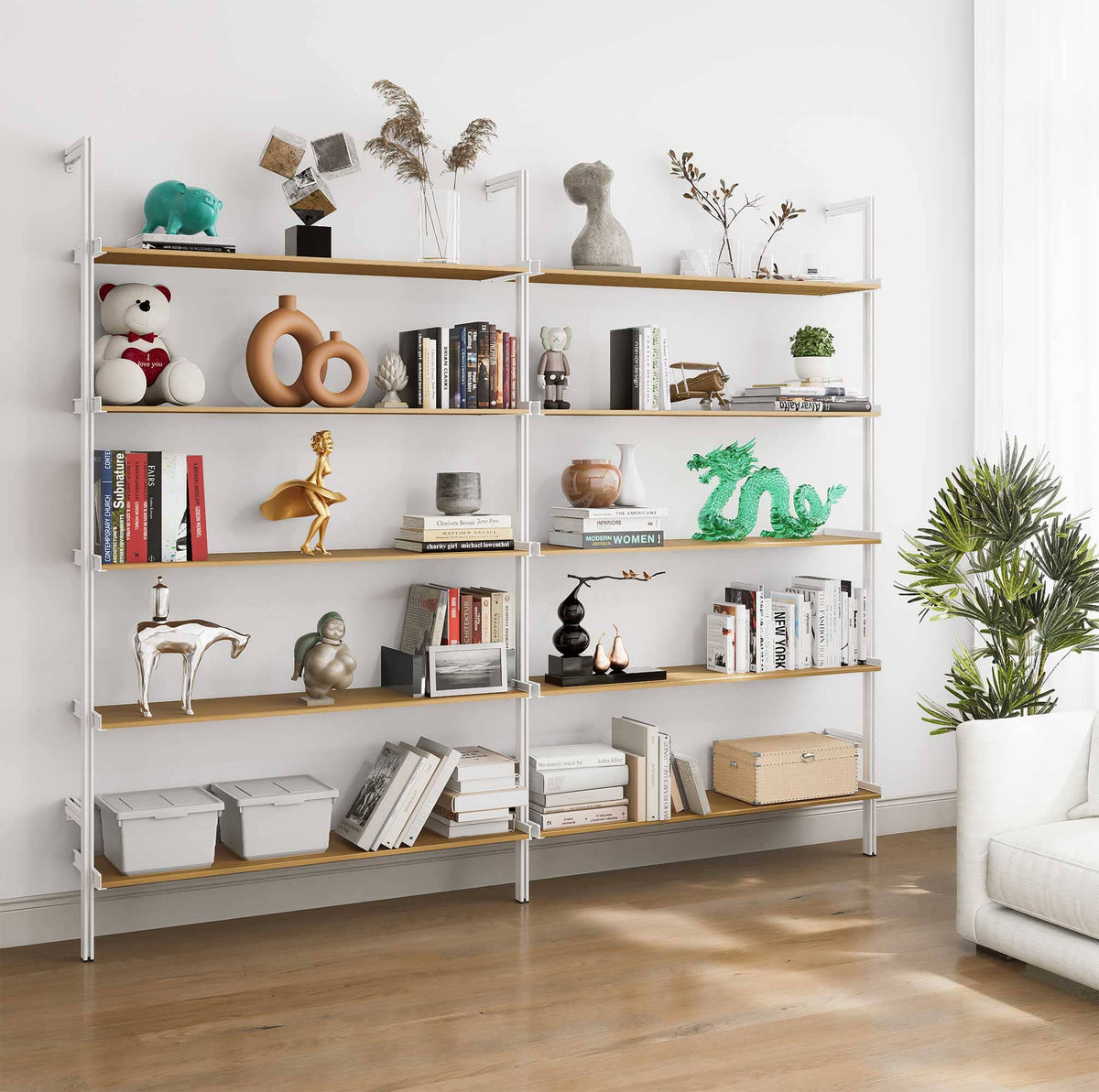 Aluminaire wood inspired modular shelving unit with wood-look aluminum shelves and white vertical posts, two bays, 48-inch shelf width, shown with open shelf levels.