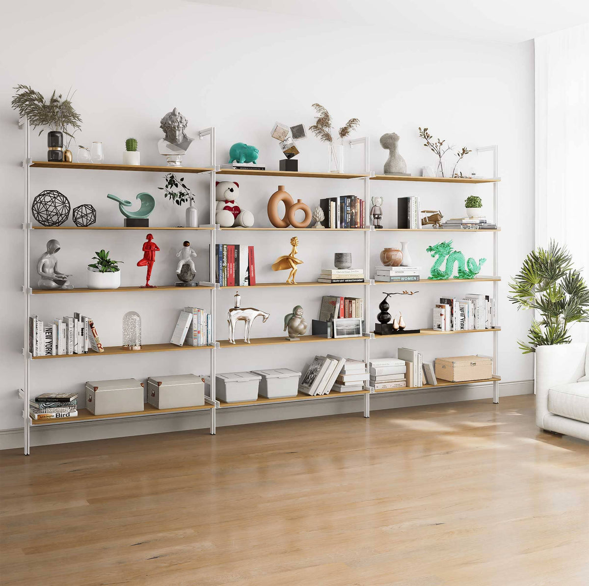 Aluminaire wood inspired modular shelving unit with wood-look aluminum shelves and white vertical posts, three bays, 48-inch shelf width, shown with open shelf levels.