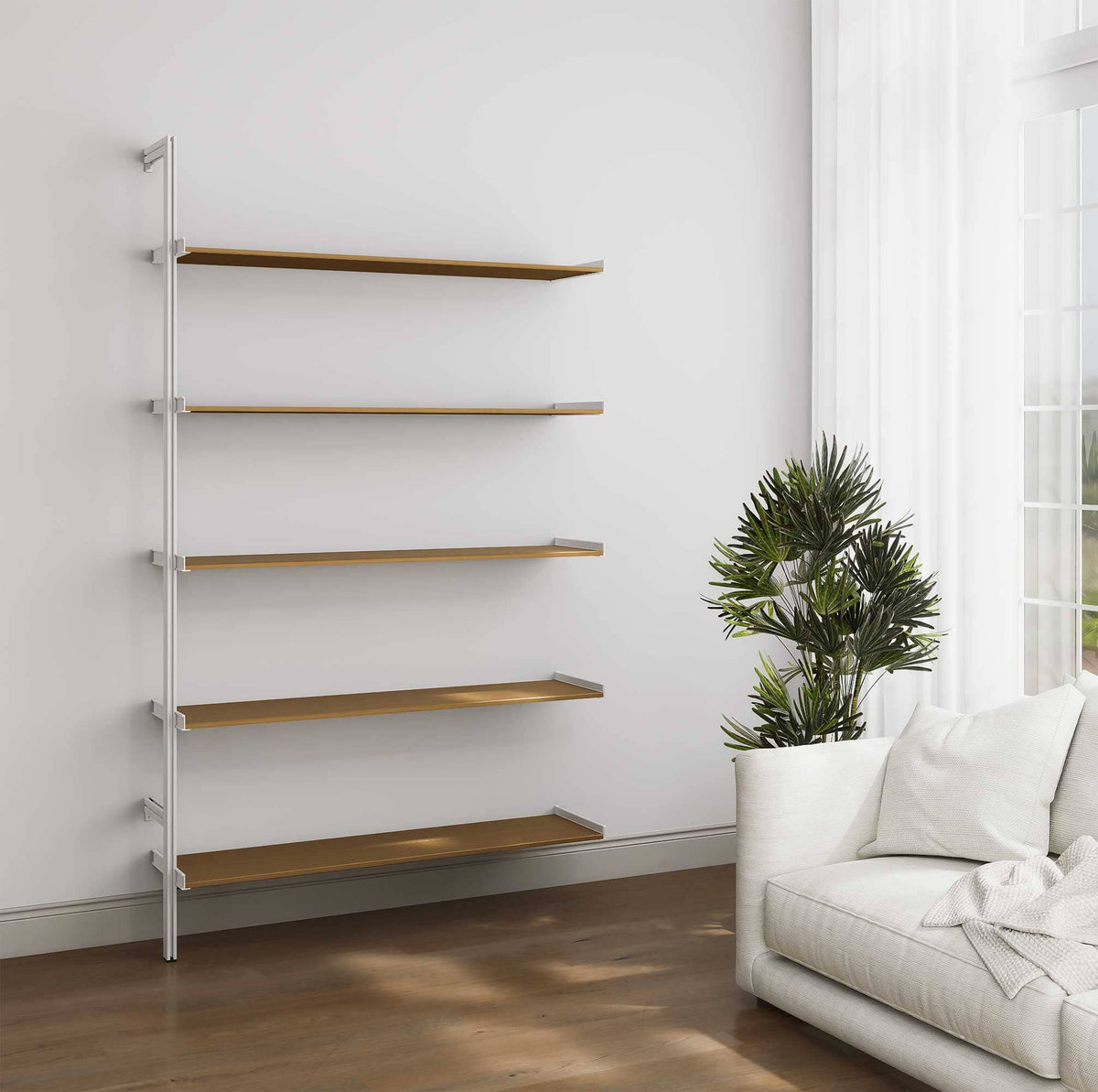 Aluminaire wood inspired modular shelving extension with wood-look aluminum shelves and white vertical post, one bay, 48-inch shelf width, shown with open shelf levels.