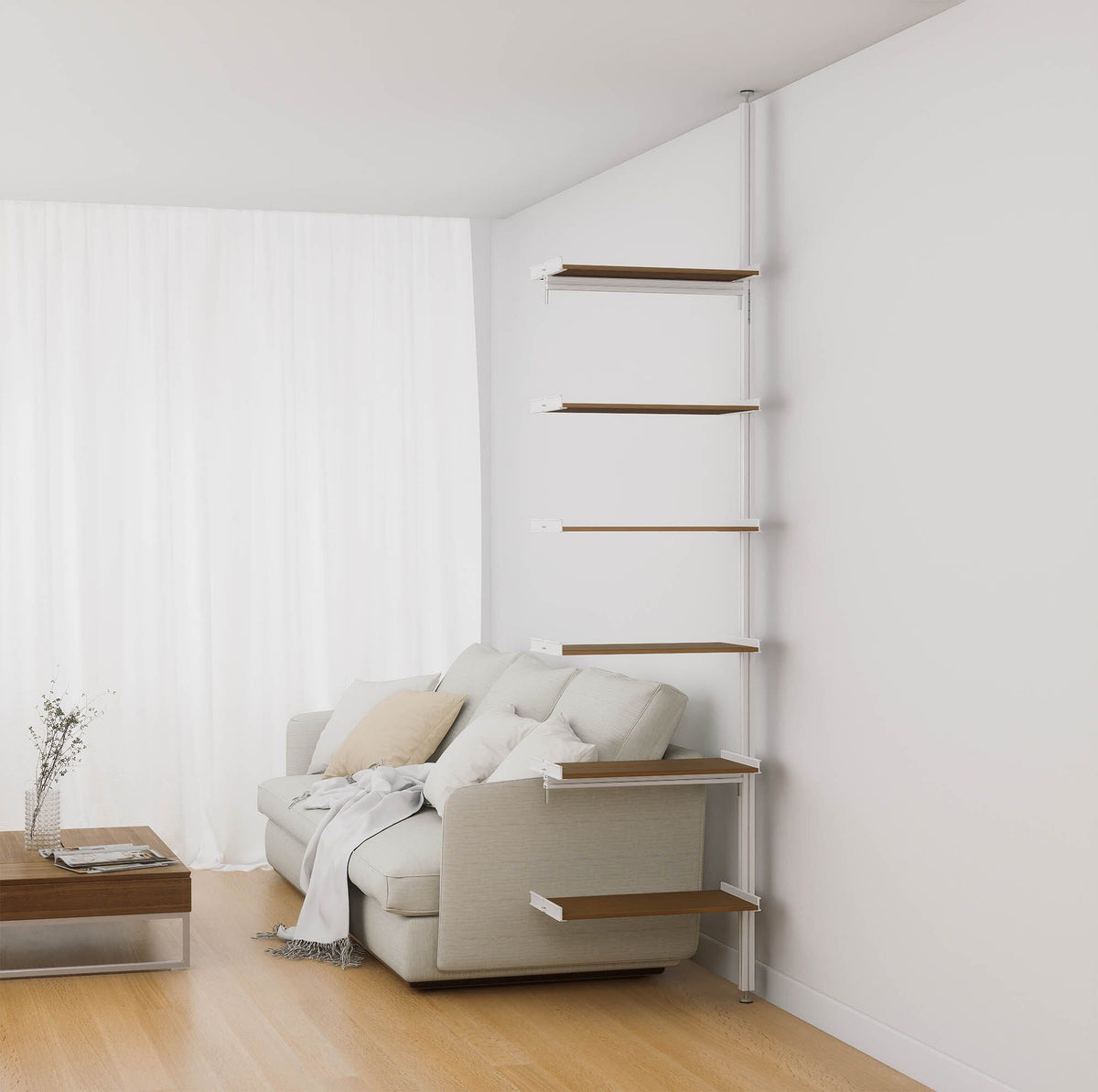 Aluminaire floor-to-ceiling room divider shelving extension with wood-look aluminum shelves, white vertical post, one bay, 24-inch bay width, and six open shelf levels.