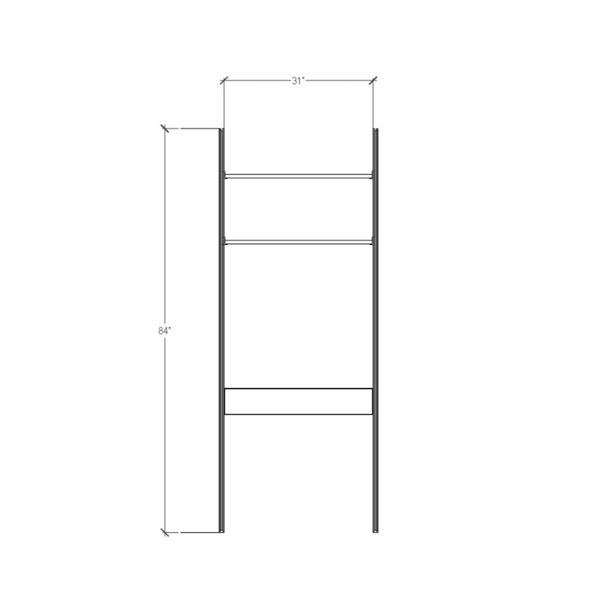 Technical drawing of a desk shelving unit with black shelves and white vertical posts, showing product dimensions and configuration details.