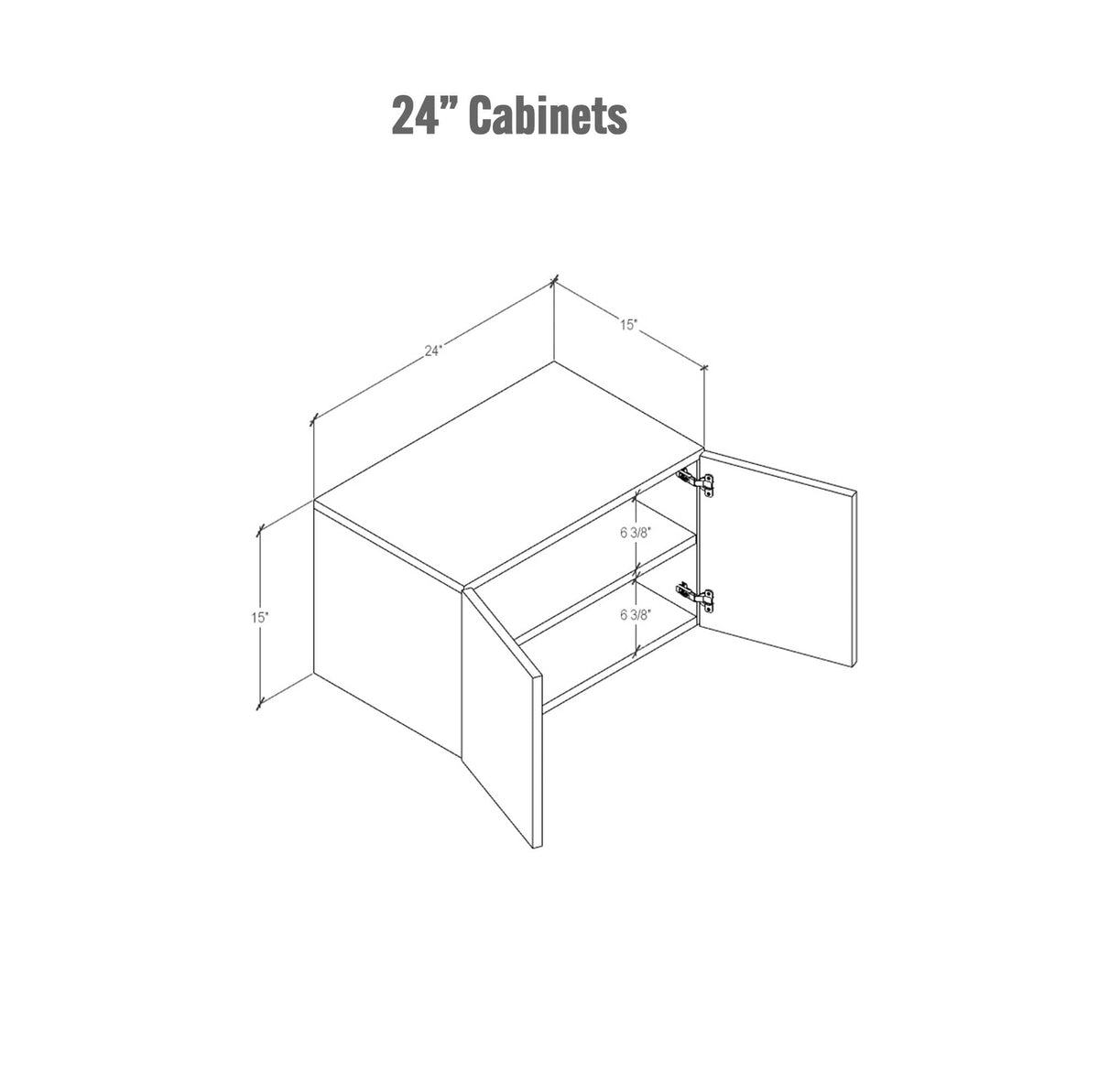 Technical drawing of retail display shelving with base cabinets, showing 24-inch, one-bay configuration, open shelving, lower storage cabinet layout.
