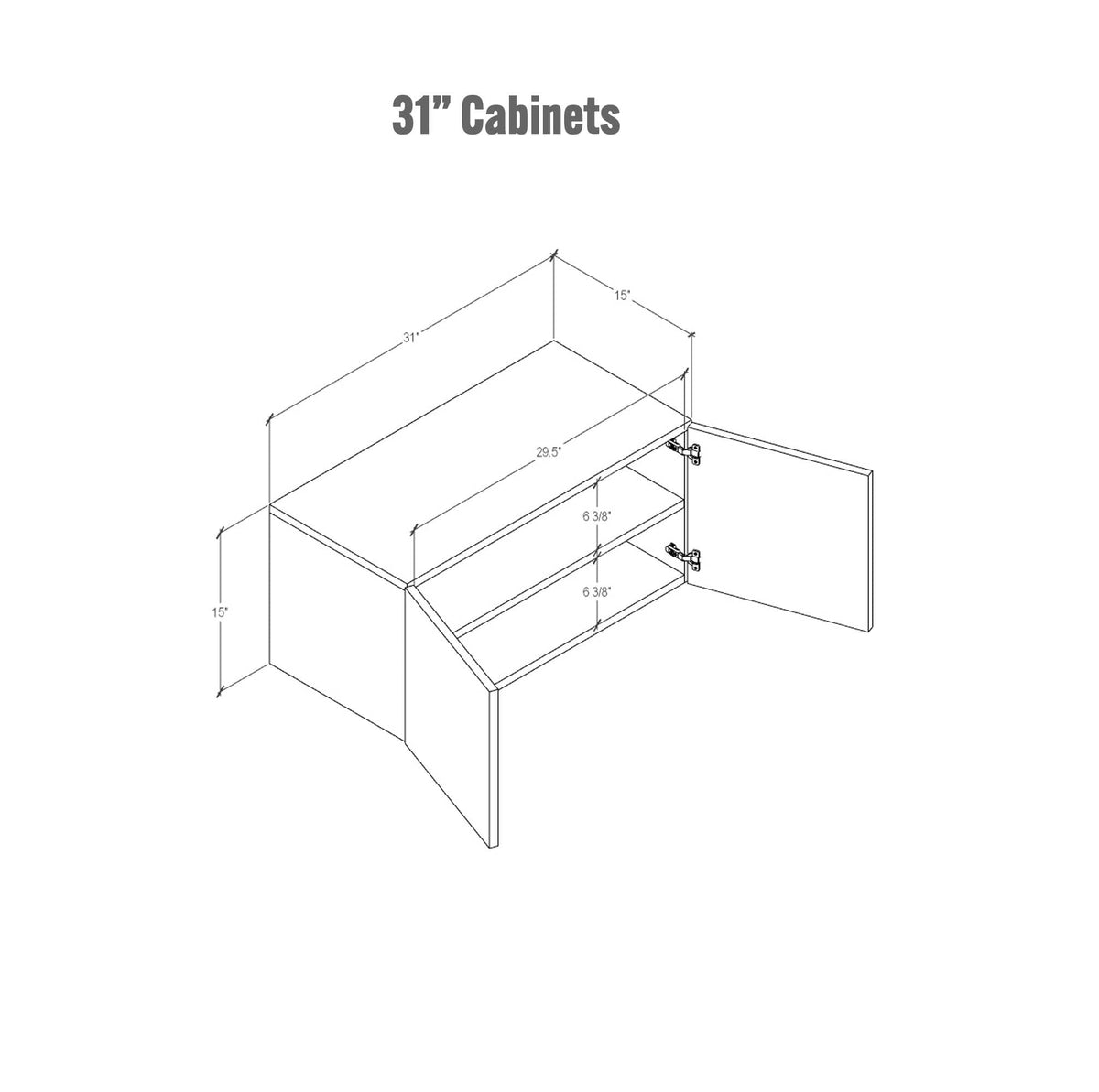 Technical drawing of retail display shelving with base cabinets, showing 31-inch, one-bay configuration, open shelving, lower storage cabinet layout.