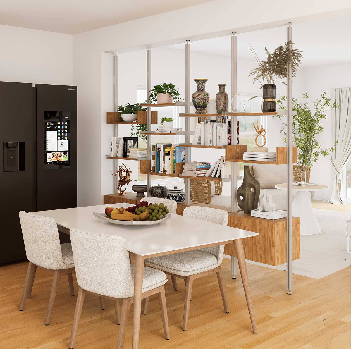 Floor-to-ceiling room divider shelving unit with lower storage cabinets with white shelves and white vertical posts, one bay, 24-inch bay width, six open shelf levels, floor-to-ceiling supports, styled in a room setting with books and decor.